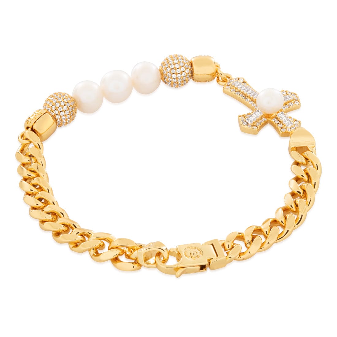 Pearl of Wisdom Cross Bracelet  in  Gold Plated / 14K Gold / 8" by King Ice