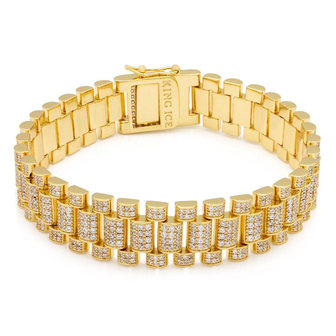 15mm Iced Rollie Link Bracelet  in  Gold Plated / 14K Gold / 8" by King Ice