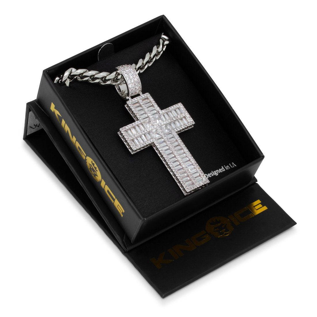 Baguette Cut Cross Necklace  in  by King Ice