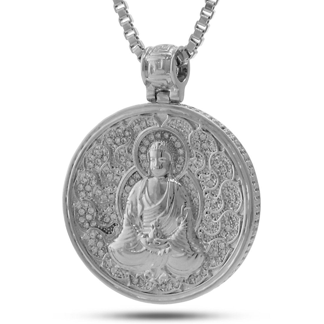 Buddhist Medallion Necklace  in  White Gold / 1.7" by King Ice