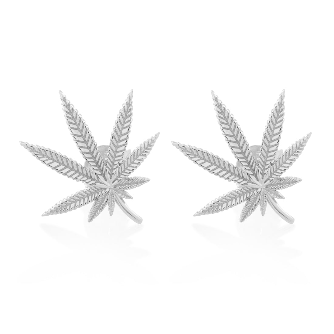 Cannabis Leaf Stud Earrings  in  Sterling Silver / White Gold / 1.3" by King Ice