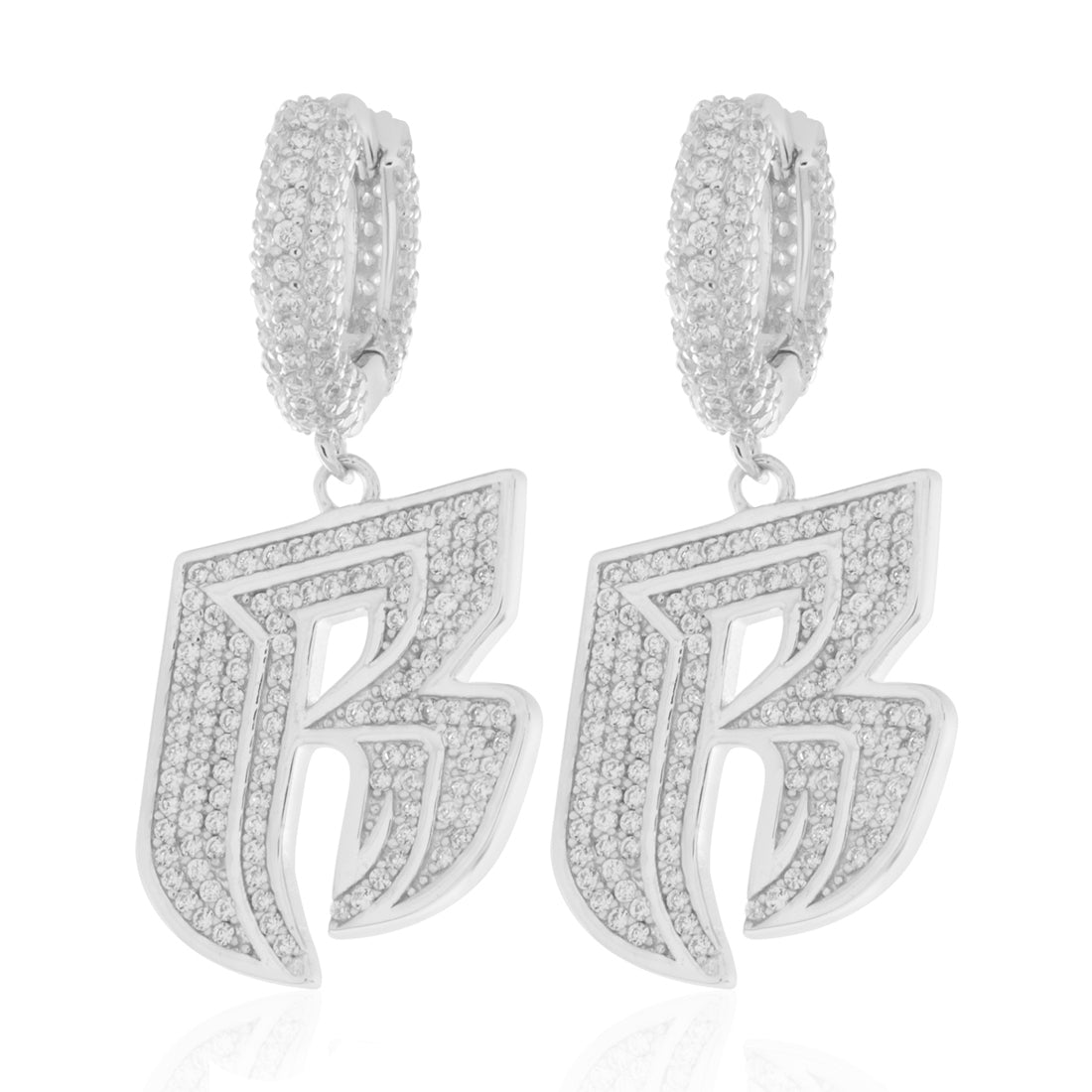 Ruff Ryders x King Ice - Hanging Logo Earrings  in  Sterling Silver / White Gold / 1.2" by King Ice