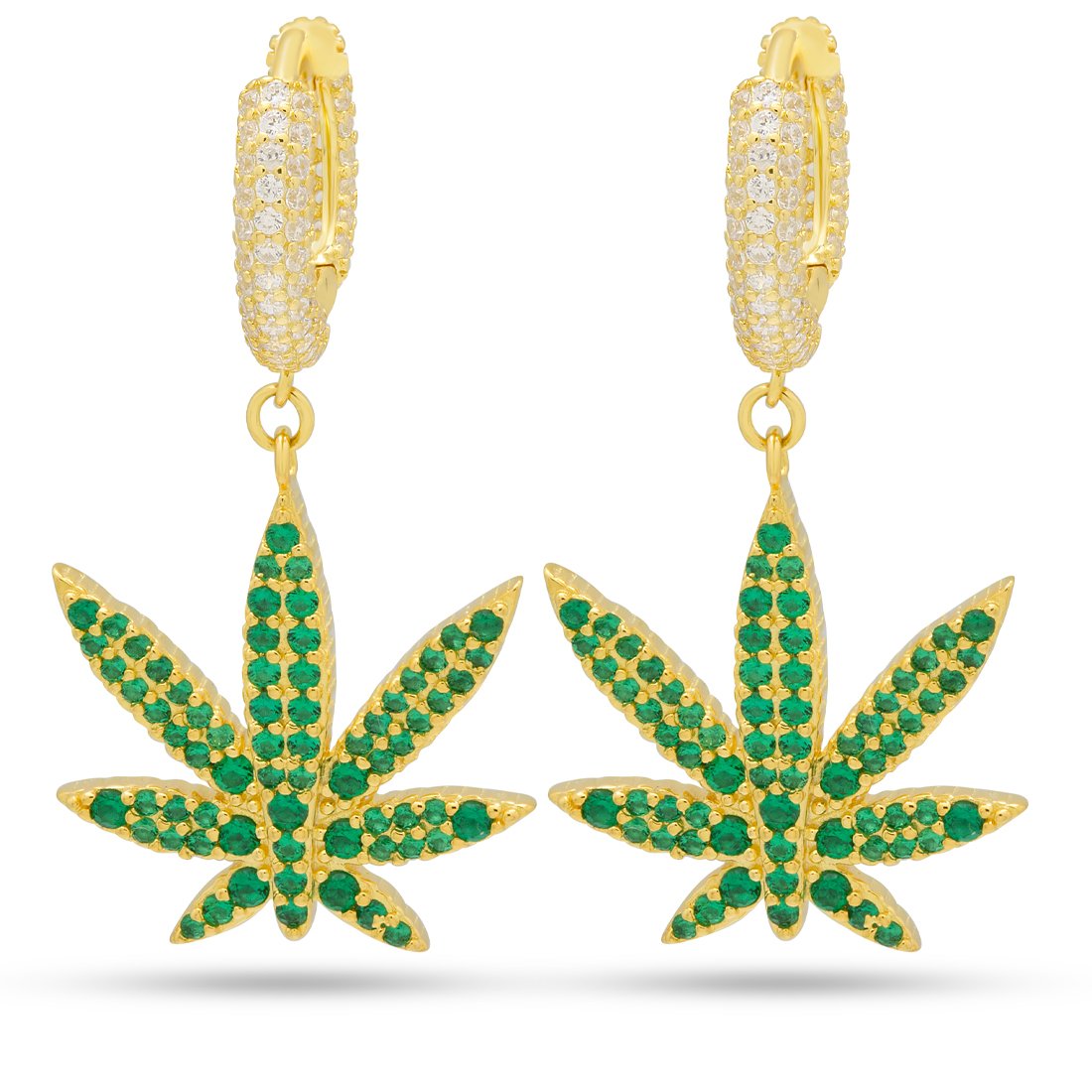 Emerald Cannabis Leaf Hanging Earrings  in  Sterling Silver / 14K Vermeil / 1.3" by King Ice