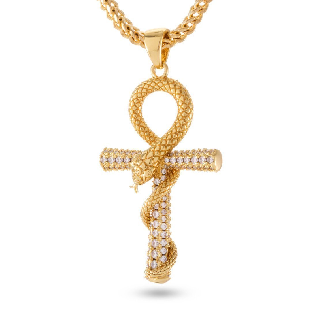 Iced-Out Apep and Ankh Key Necklace  in  14K Gold / 2" by King Ice