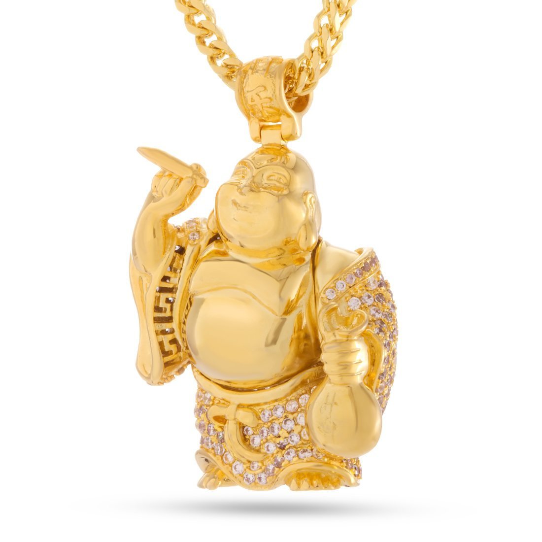 Iced Laughing Buddha Necklace  in  14K Gold / 1.6" by King Ice