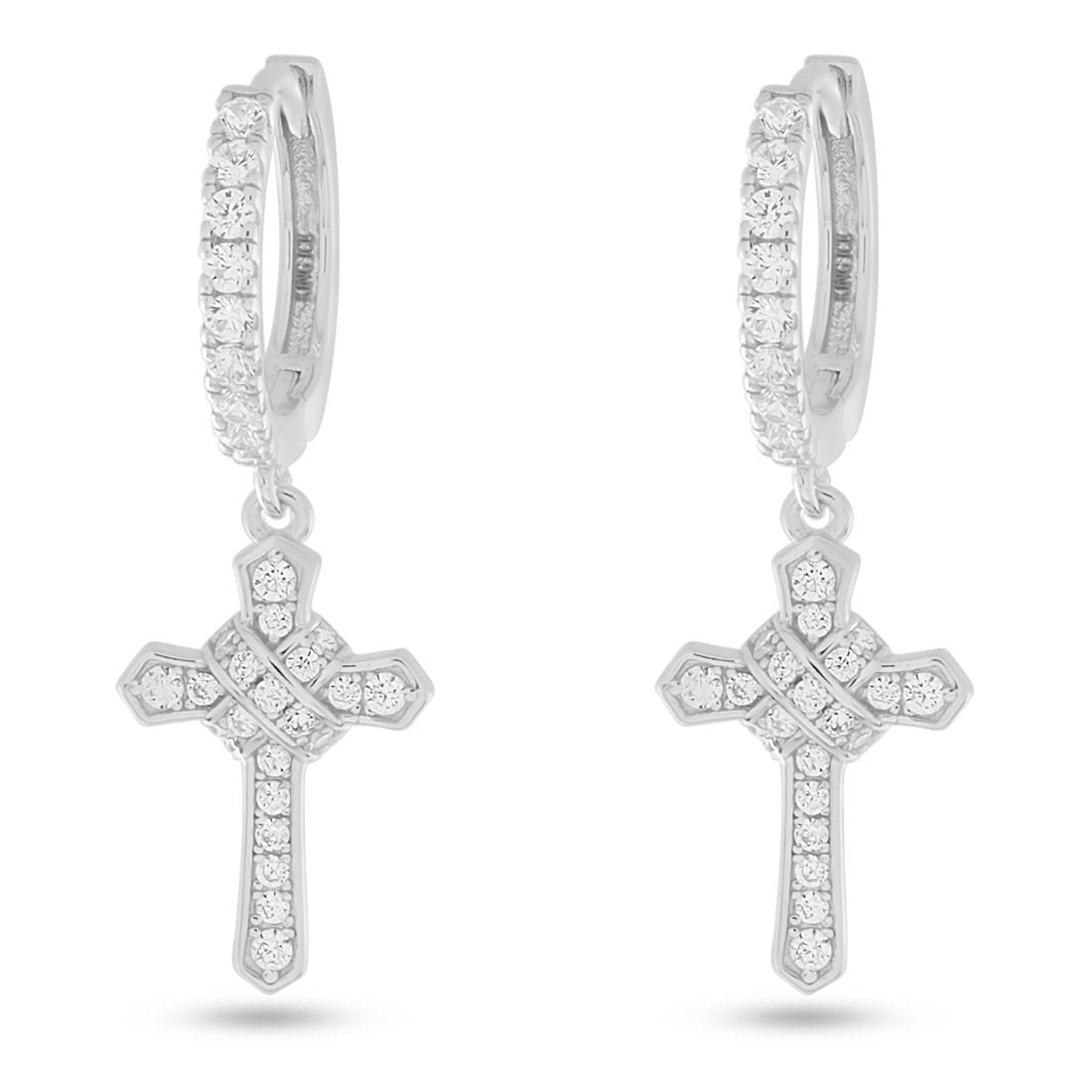 Iced Wrapped Cross Earrings  in  Sterling Silver / White Gold / 1.2" by King Ice