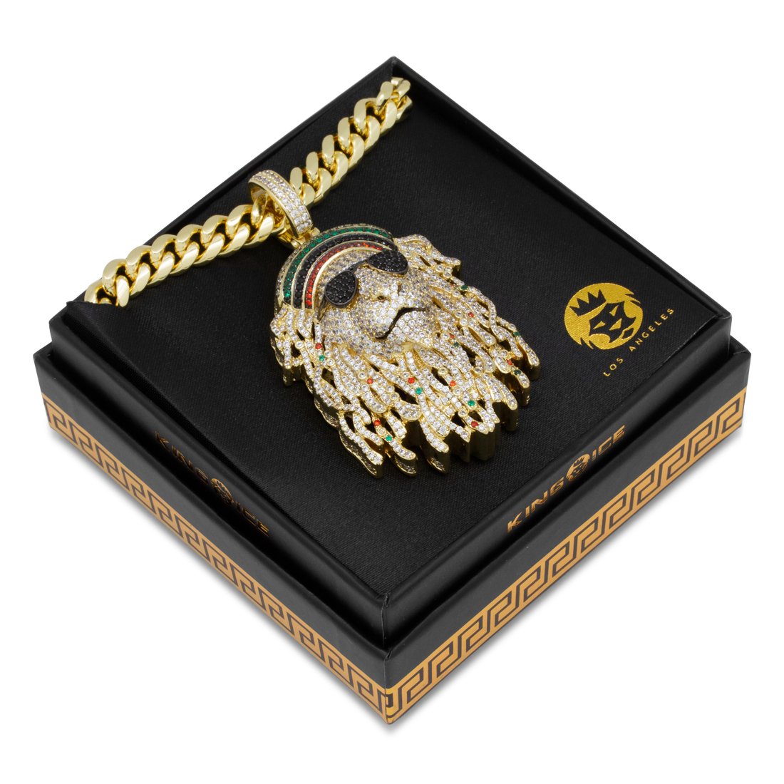 Icy Rasta Lion Necklace  in  14K Gold / 2.8" by King Ice