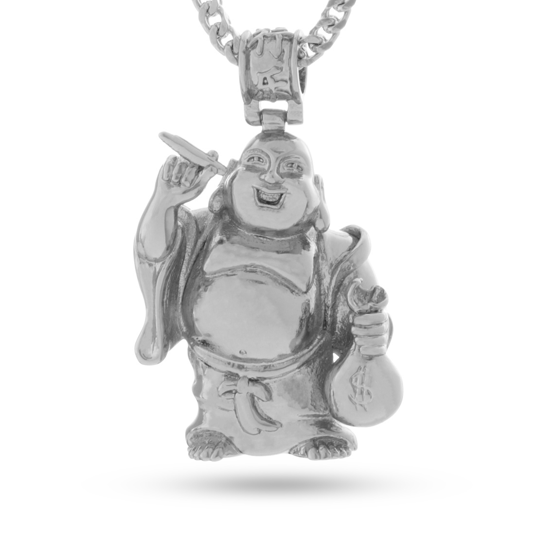 Laughing Buddha Necklace  in  White Gold / 1.6" by King Ice