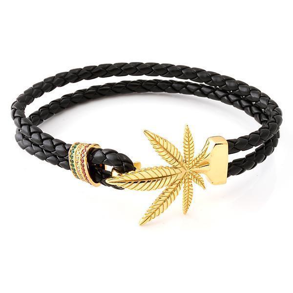 Rasta Weed Bracelet  in  Leather / 14K Gold / 8" by King Ice