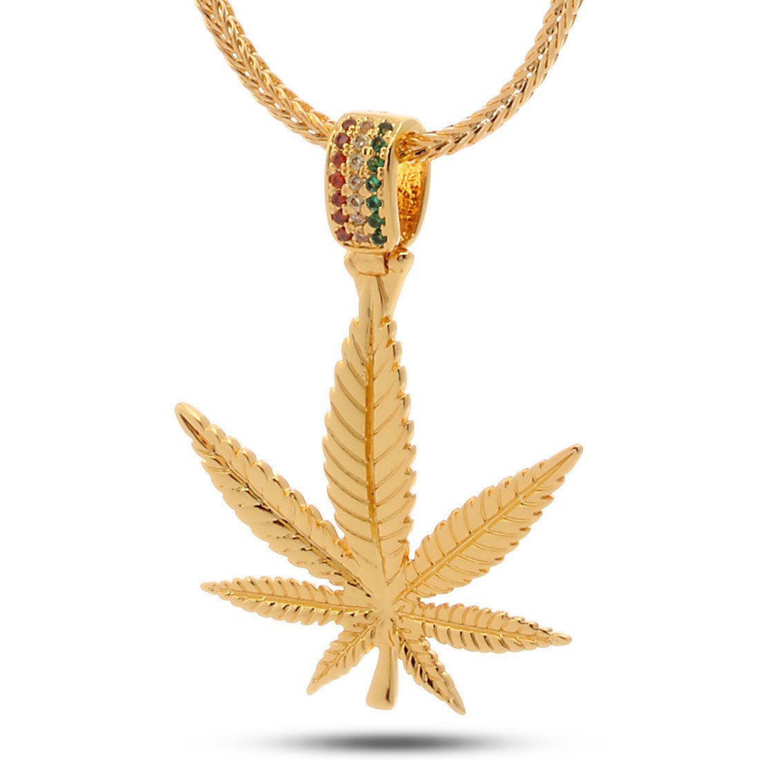 Rasta Weed Leaf Necklace  in  14K Gold / 1.7" by King Ice