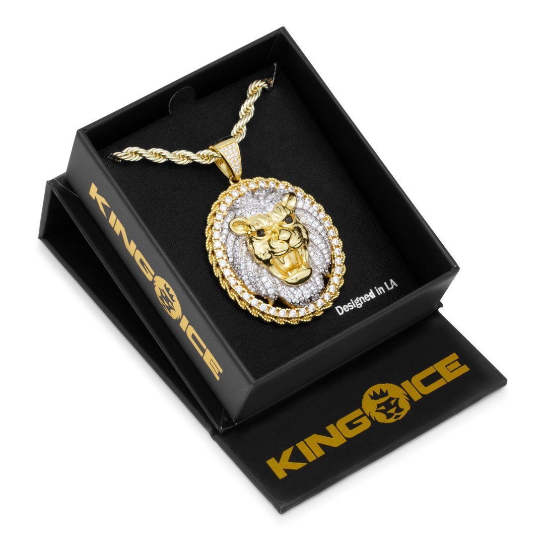 Roaring Lion Medallion Necklace  in  14K Gold / 2.1" by King Ice