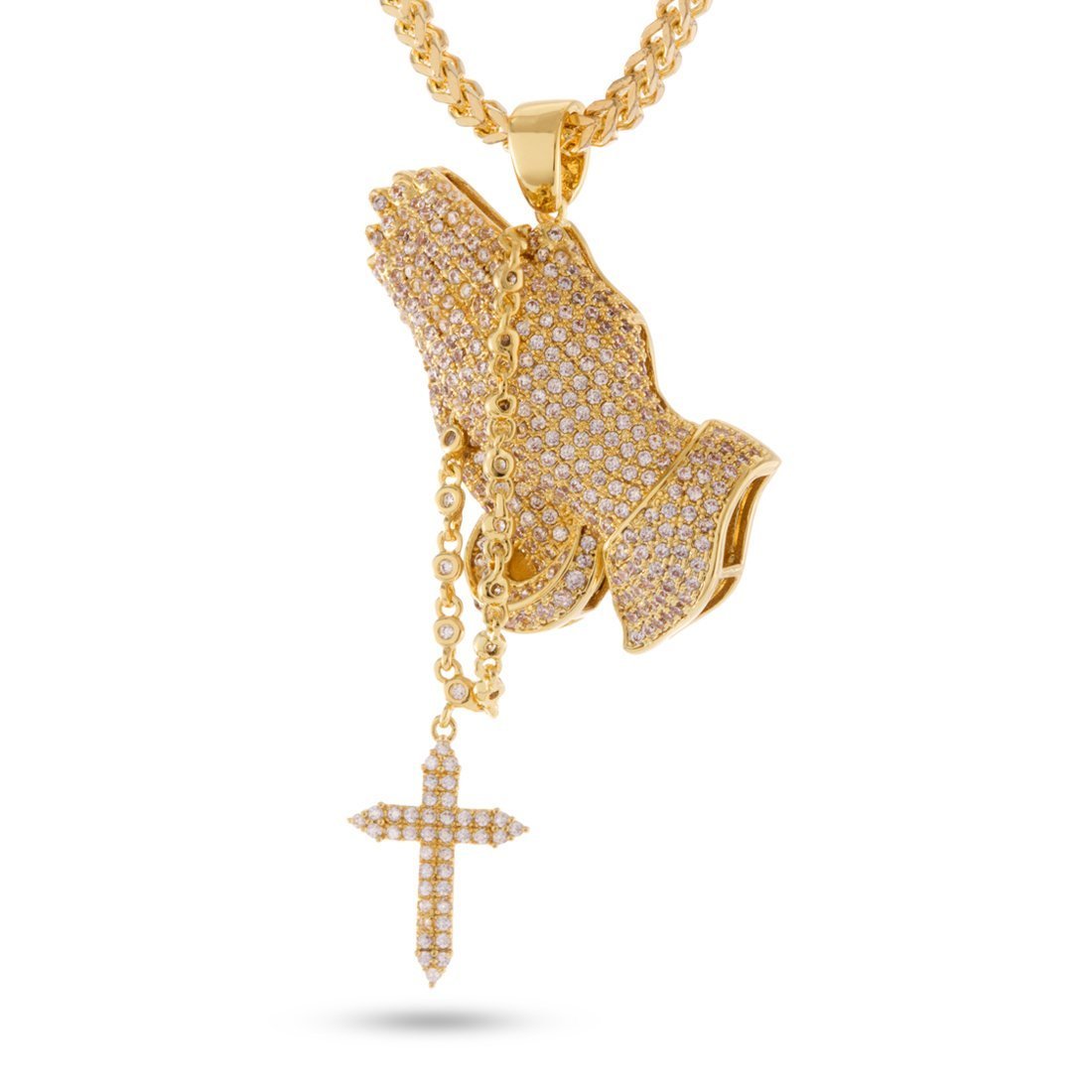 Rosary Praying Hands Necklace  in  14K Gold / 2.3" by King Ice