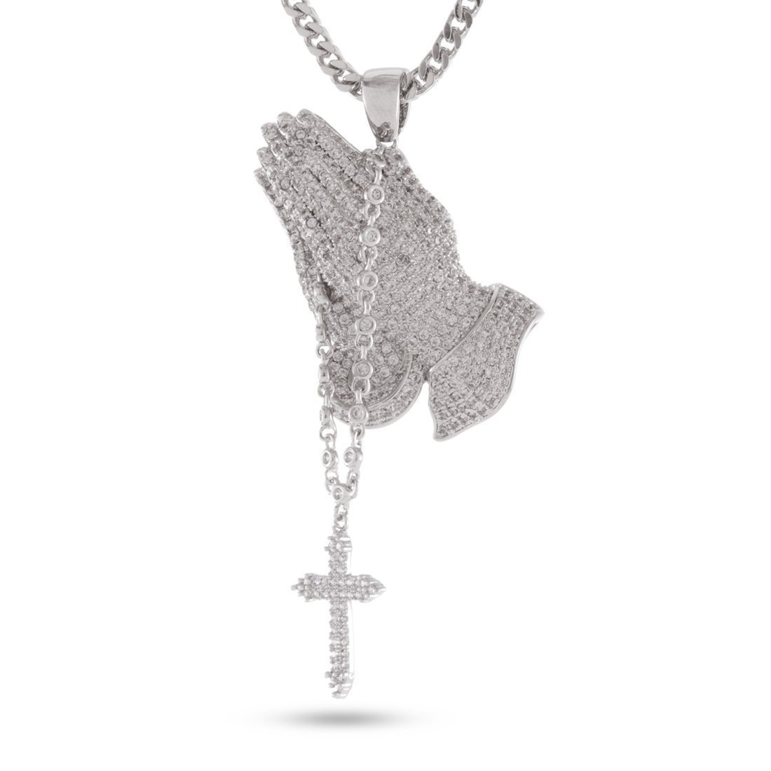 Rosary Praying Hands Necklace  in  White Gold / 2.3" by King Ice