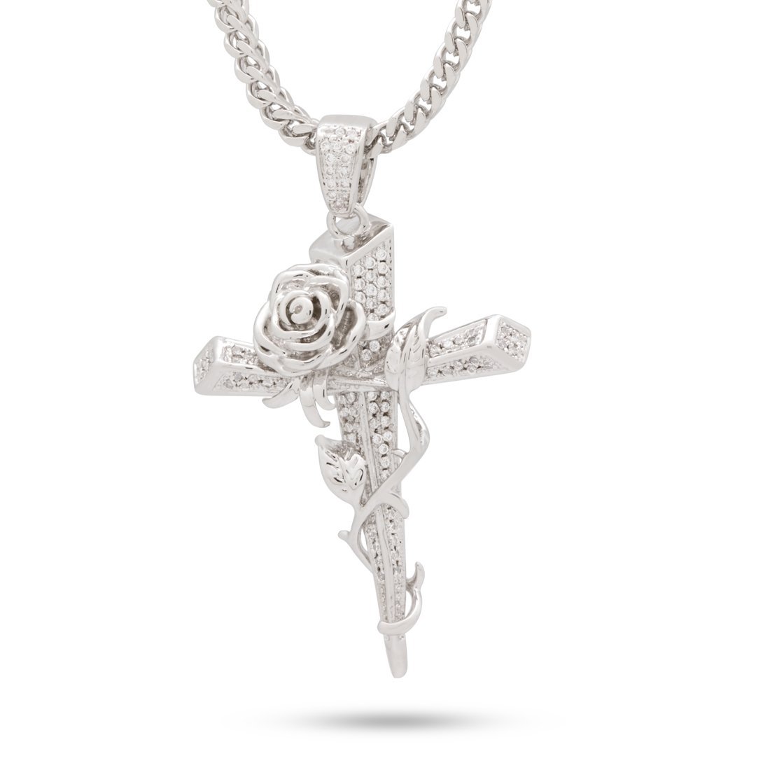 Rose Thorned Cross Necklace  in  White Gold / 1.9" by King Ice