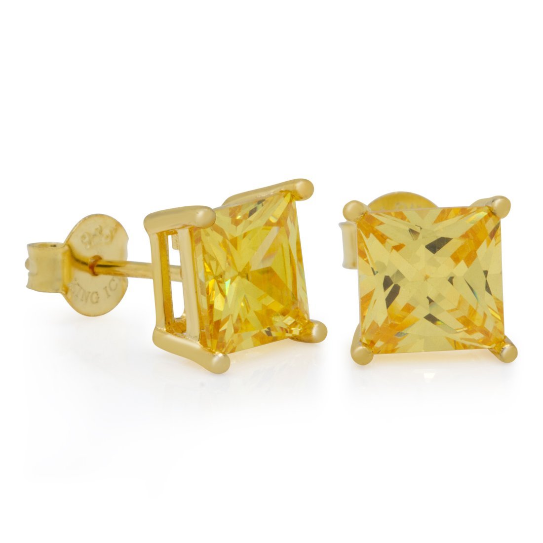 Yellow Princess-Cut Stud Earrings  in  Sterling Silver / 14K Vermeil / 7mm by King Ice