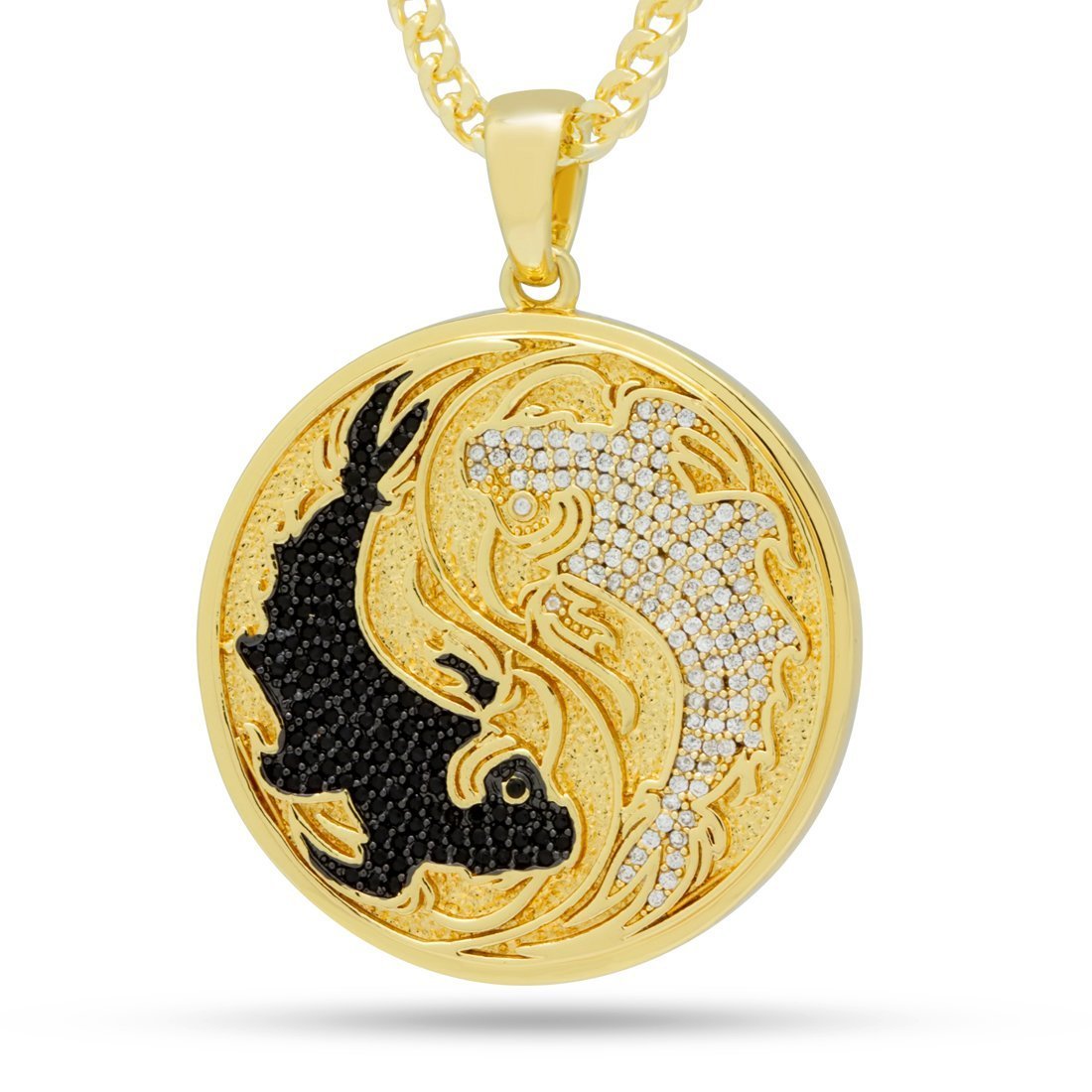 Yin-Yang Koi Fish Medallion Necklace  in  14K Gold / 1.8" by King Ice