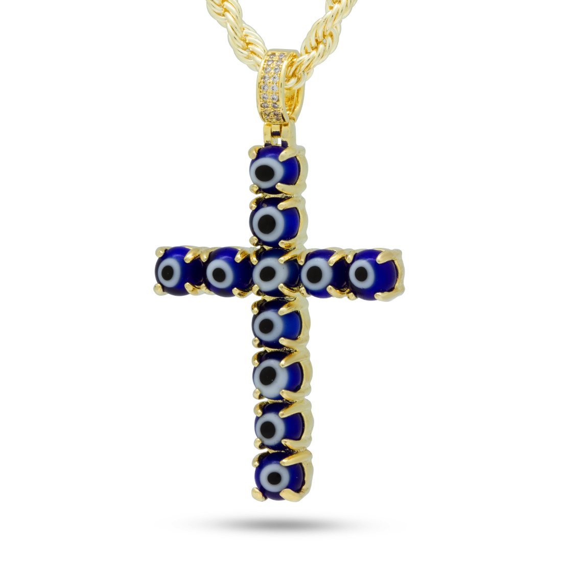 Blue Evil Eye Cross Necklace  in  14K Gold / 2.2" by King Ice