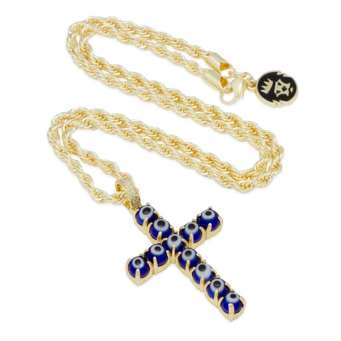 Blue Evil Eye Cross Necklace  in  14K Gold / 2.2" by King Ice