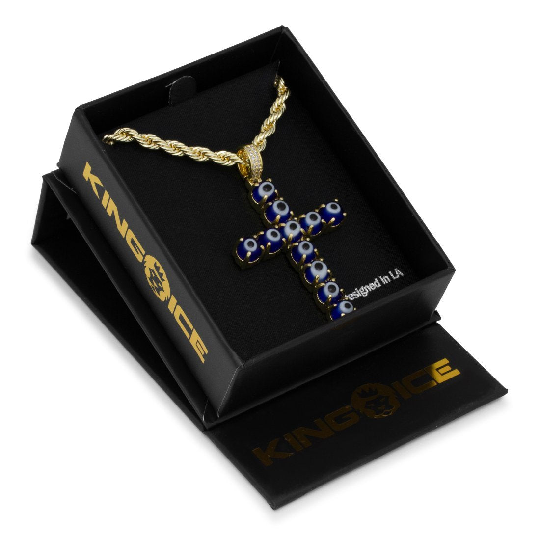 Blue Evil Eye Cross Necklace  in  14K Gold / 2.2" by King Ice