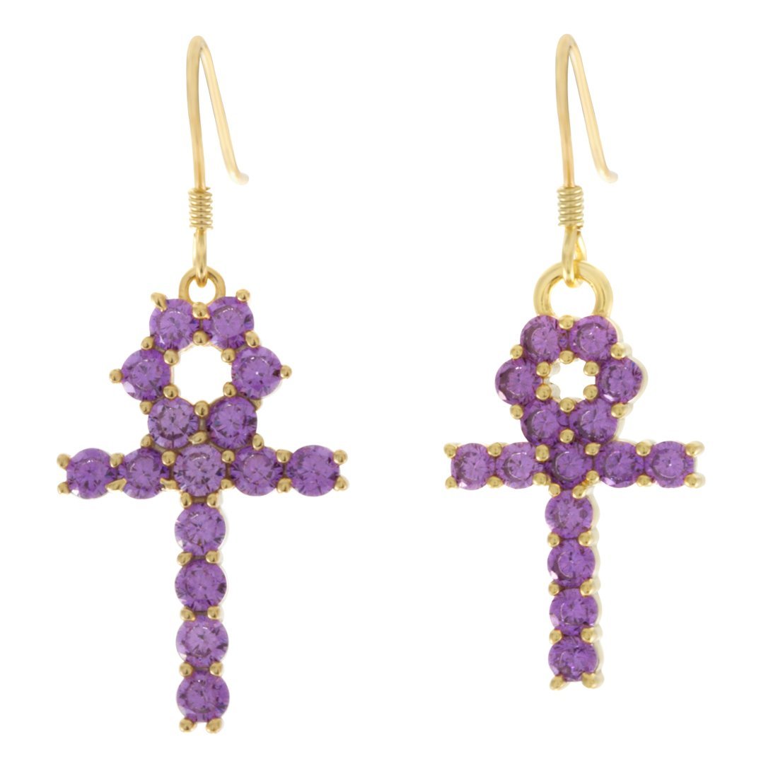 Purple Sterling Silver Hanging Ankh Earrings  in  Gold Plated / 14K Gold / 1" by King Ice