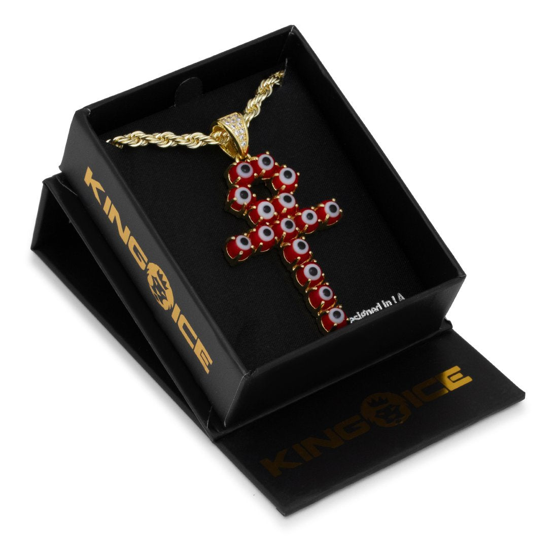 Red Evil Eye Ankh Cross Necklace  in  14K Gold / M by King Ice